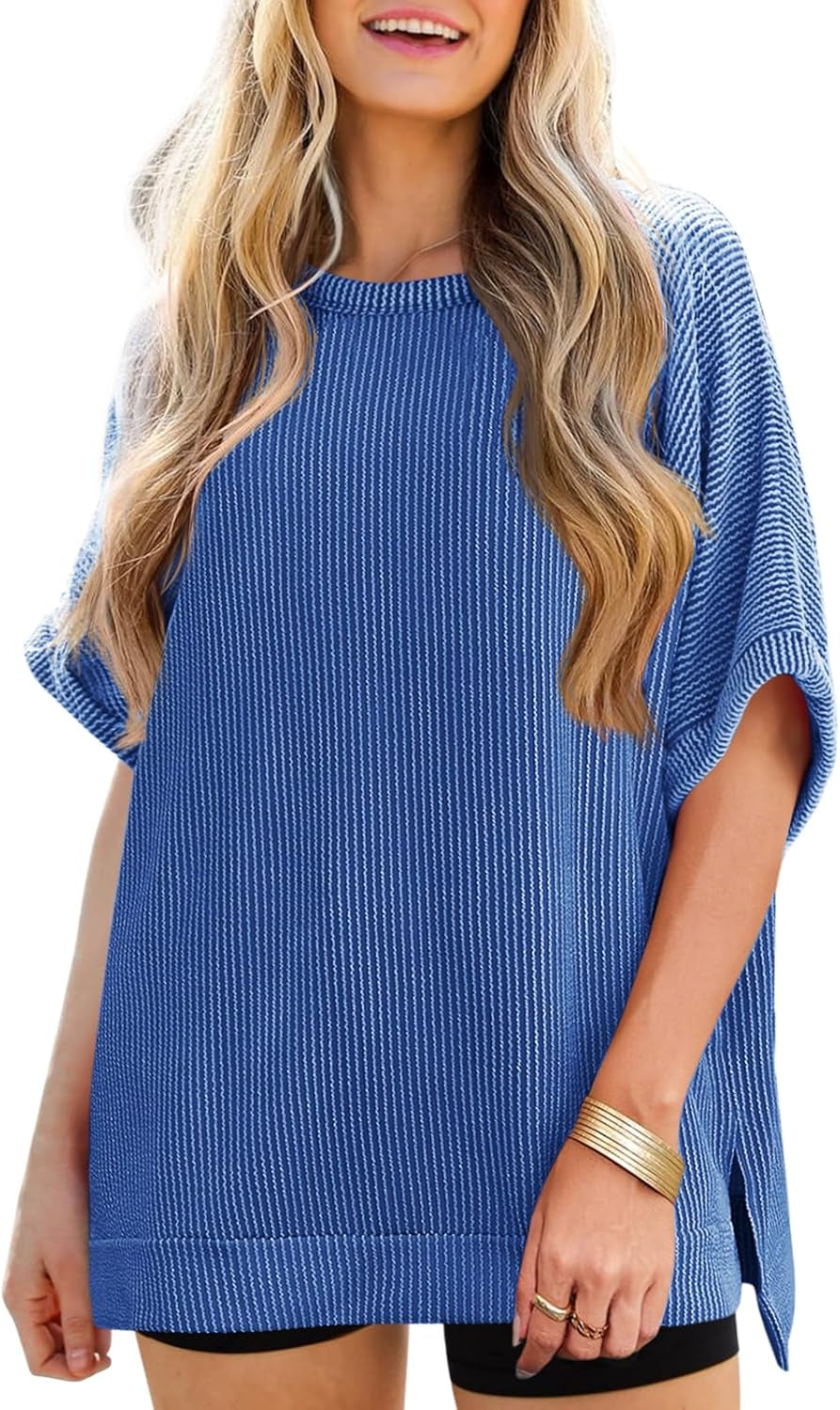 Woman wearing blue stripe shirt