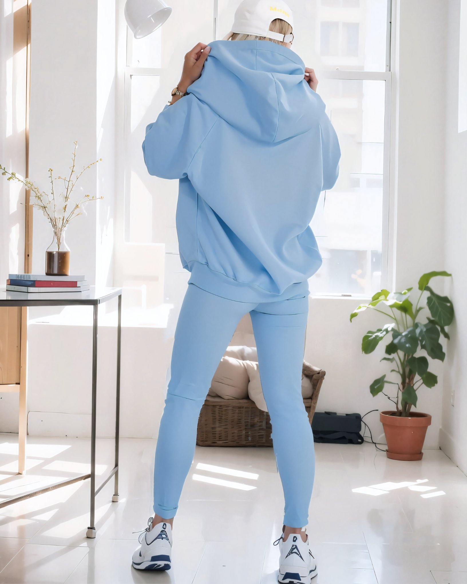 woman wearing a black snap fit hoodie with gray leggings facing backward showcasing the fit and style.