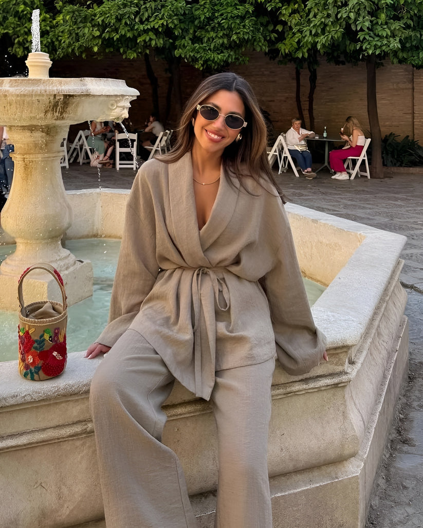woman wearing 2pc brown down set