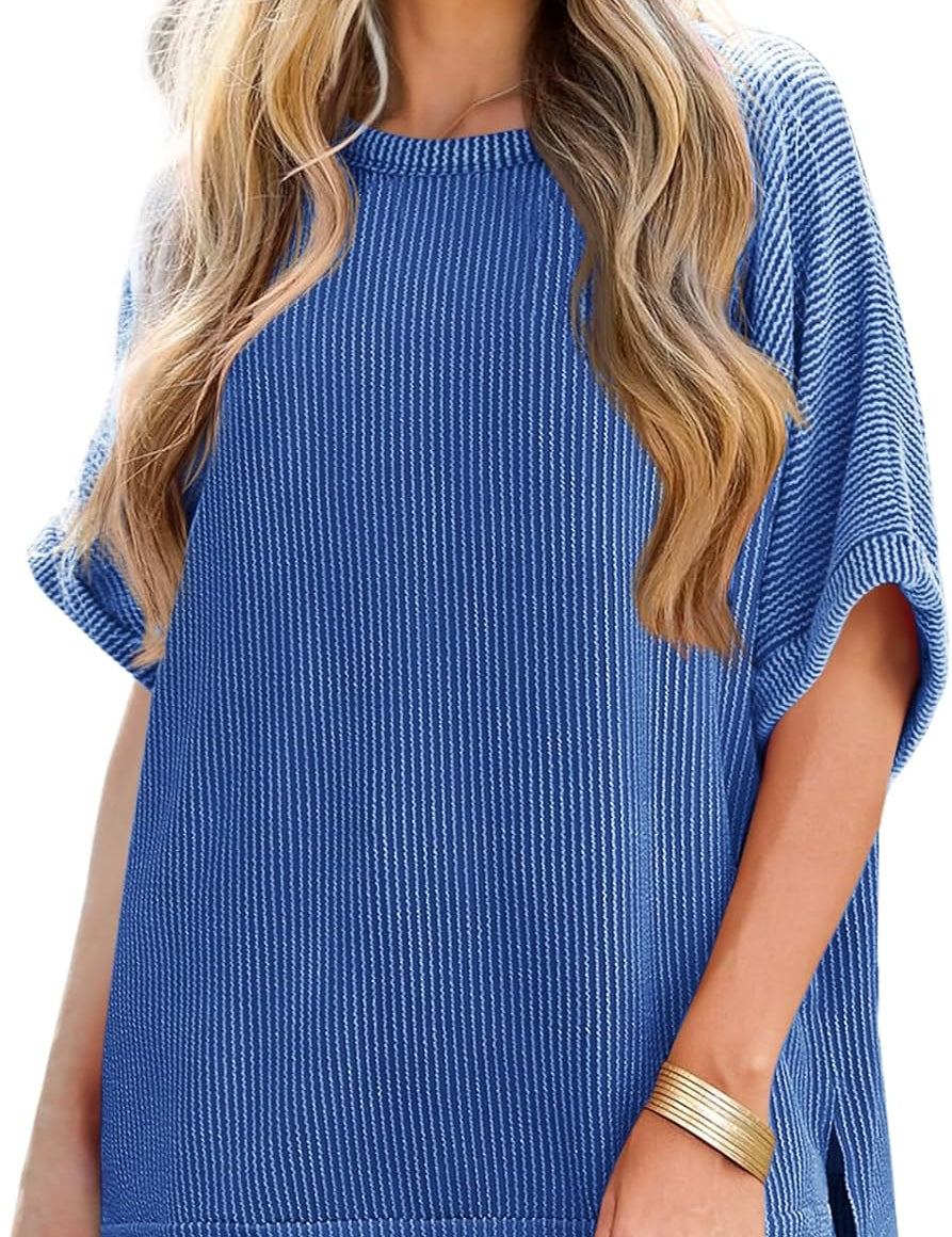 Woman wearing blue stripe shirt