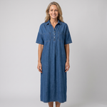Denim midi shirt dress front view