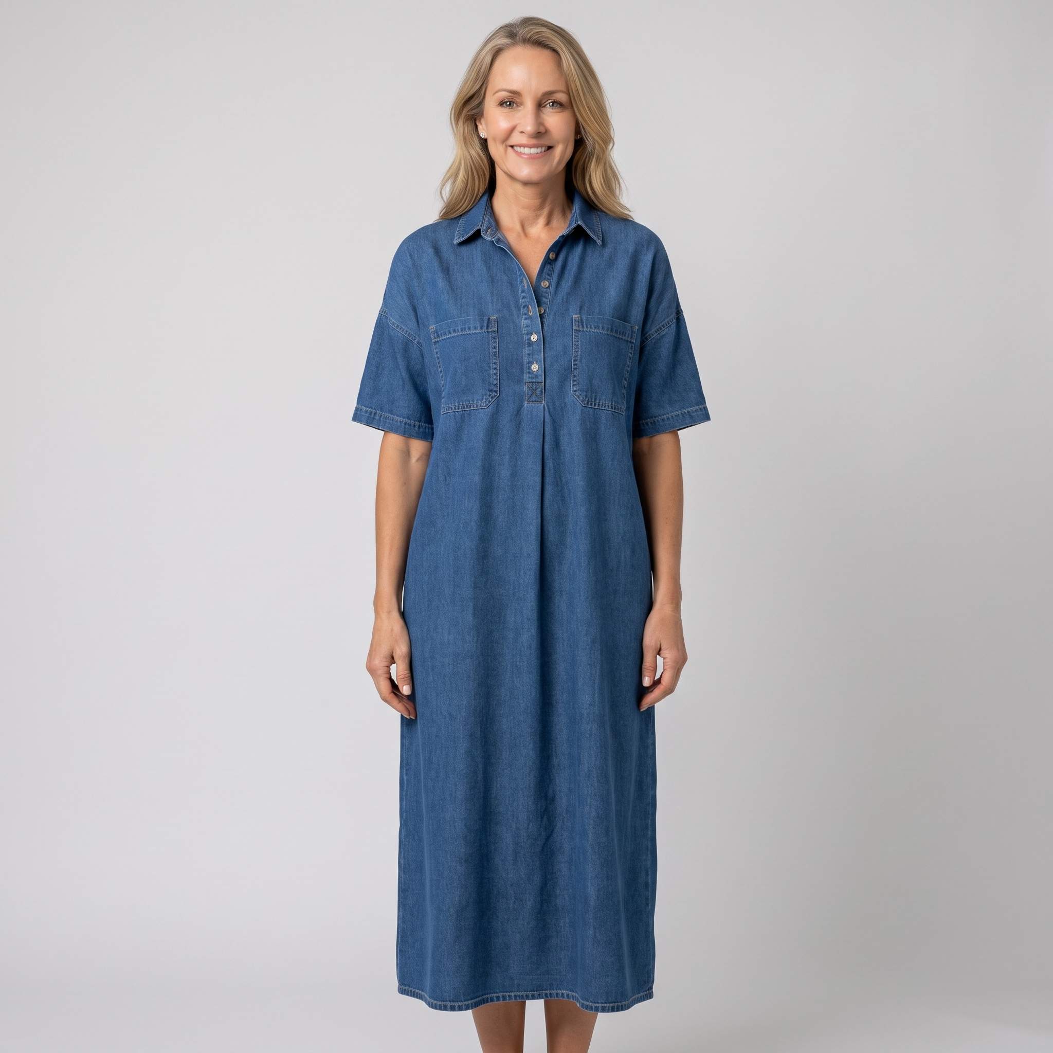 Denim midi shirt dress front view